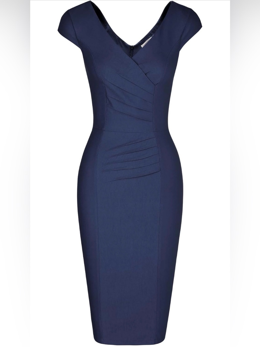 Classic Navy V-Neck Midi Dress with Ruched Detail